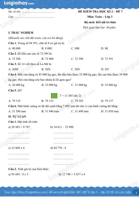 Đề kiểm tra học kì 2 Toán 3 Kết nối tri thức - Đề số 7